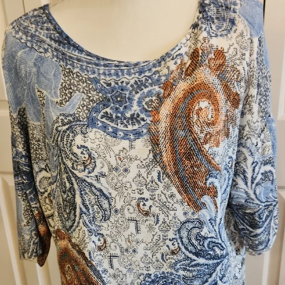 Chico's Blue and White 3/4 Sleeve Relaxed Blouse - Picture 2 of 12